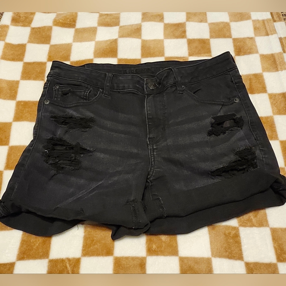 American Eagle Outfitters Women's Black Distressed Denim Shorts, Midi Distressed